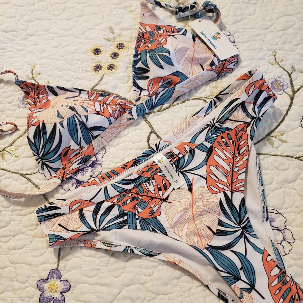 Tropical Leaf Print Bikini Set